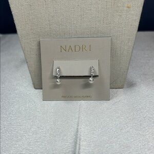 Nadri imitation pearl huggie hoop drop earrings silvertone with crystal accents